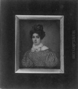 A Lady In Green Dress Patterned With Flower Design, Green Belt With Metal Buckle, White Ruff Collar And Pink Bow by Jean-Pierre Drouin