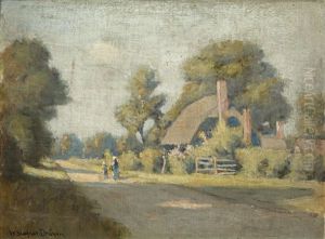 Figures Walking Down A Path Near A Cottage by William Staples Drown