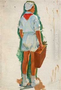 A Russian Boy Holding His Suitcase by Ivan Georgevich (Egorovich) Drozdov