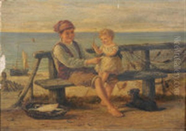 A Fisher Boy On A Bench Sibling On His Knee - view 1