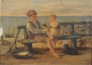 A Fisher Boy On A Bench Sibling On His Knee