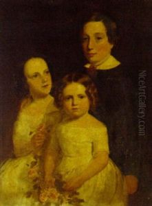 A Group Portrait Of Three Children, Three-quarter-length, The Two Girls In White Dresses, Holding Roses, The Boy In A Black Suit by James Drummond
