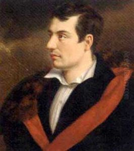 Portrait Of The Poet, George Gordon Byron, 6th Baron Byron, Wearing A White Shirt And A Black Coat With Red Lining And Fur Trim, In A Stormy Landscape