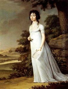 Portrait De Madame Gorcy, Nee Henriette Perin, En Robe Blanche Tenant Une Lettre Dans Un Paysage by Johann Friedrich Dryander