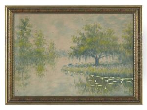 Cypress By A Pond With Lily Pads by Alexander John Drysdale