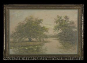 Water Lilies And Trees Along The Louisiana Bayou by Alexander John Drysdale
