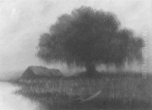 Bayou Landscape With Live Oak, Cabin And Pirogue by Alexander John Drysdale