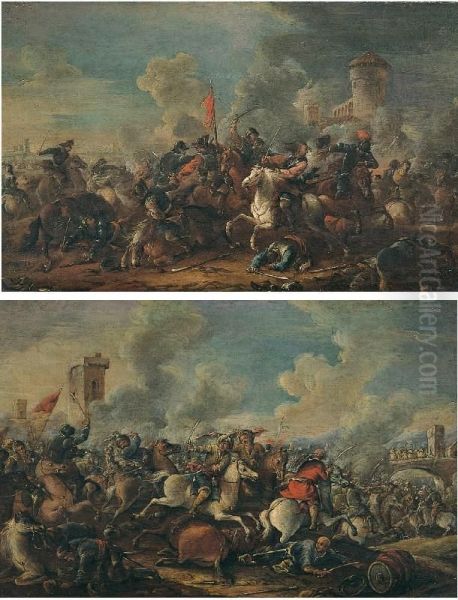 Lotto Unico Di Due Dipinti: <battaglia Con Castello Sullo Sfon-
Do> E <battaglia Con Ponte Sullo Sfondo> - view 1