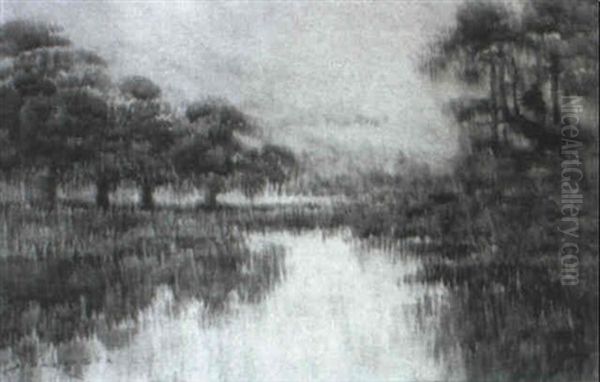Bayou Landscape With Oaks And Cypresses - view 1