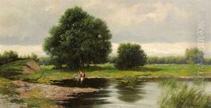 Vaches S'abreuvant A Une Mare by Pavel Pavlovich Dshogin