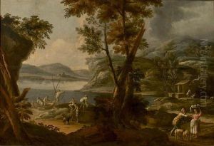 Paysans Et Pecheurs Dans Un Paysage Lacustre by Stefano du Perac