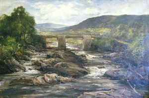 Moorland Scenewith River And A Stone Bridge On Foreground by Francis Abel William Armstrong