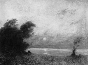 Figure Beside A Lake At Sunset Figure Beside A Lake At Sunset