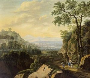 An Extensive Mountainous River Landscape With Shepherds On A Path by Simon Duarte