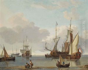 Dutch East Indiamen And A States Yacht In A Calm Offshore by Hendrik Jacobsz Dubbels
