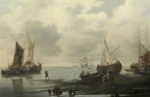 A Beach Scene With Small Craft In A Calm Sea by Hendrik Jacobsz Dubbels