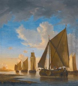 Smalschips In A Calm Near The Shore At Sunset by Hendrik Jacobsz Dubbels