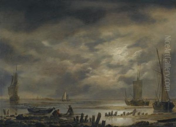 A Moonlit Coastal Landscape With Fishermen In The Foreground - view 1
