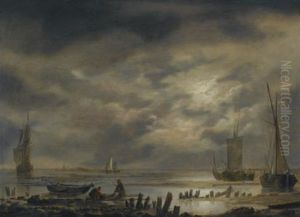 A Moonlit Coastal Landscape With Fishermen In The Foreground by Hendrik Jacobsz Dubbels