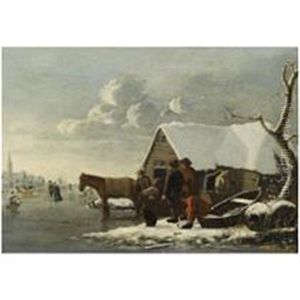 A Winter Landscape With Figures And Horses Near A Barn, Skaters On A Frozen Lake, A Church Beyond by Hendrik Jacobsz Dubbels