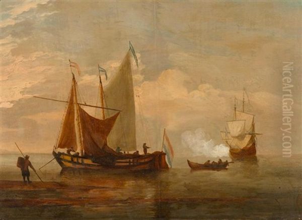 Marineszene Mit Zwei Segelbooten Und Einem Ruderboot - view 1