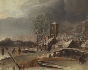 Winter Landscape With Skaters On A Frozen Canal by Hendrik Jacobsz Dubbels