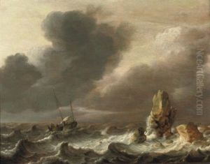 A Sailing Vessel In Choppy Waters, Rocks Nearby by Hendrik Jacobsz Dubbels