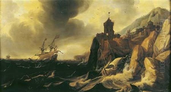 Bateau Pris Dans La Tempete Le Long D'une Cote Rocheuse - view 1