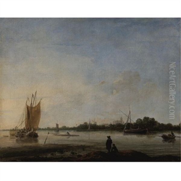 View Of A River With Boats And Figures And A Town In The Distance - view 1