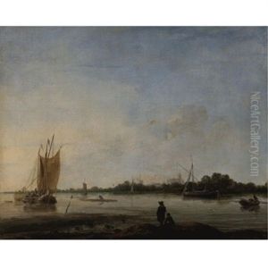 View Of A River With Boats And Figures And A Town In The Distance by Hendrik Jacobsz Dubbels