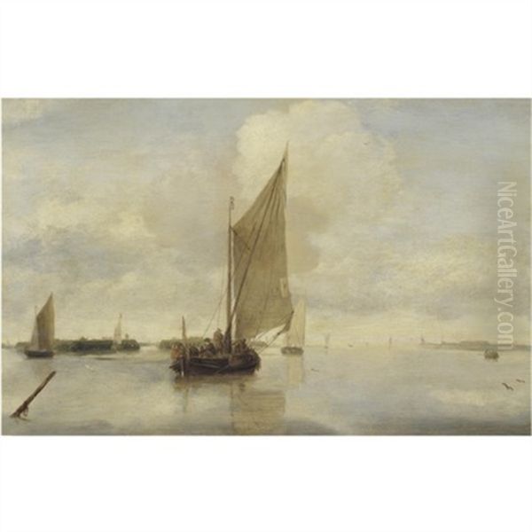 Sailing Vessels And A Rowing Boat On A Calm Sea - view 1
