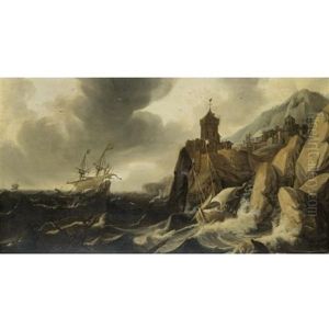 A Stormy Coastal Seascape With Ships On The Rocks Before A Town by Hendrik Jacobsz Dubbels