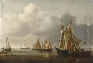 Ships On A Calm Sea Near The Coast by Hendrik Jacobsz Dubbels