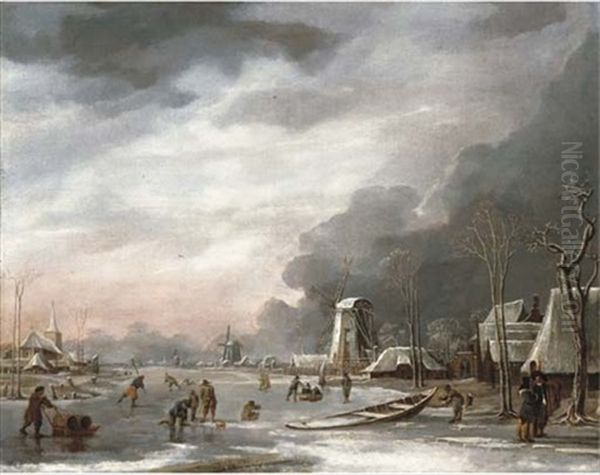 A Winter Landscape With Villagers Sledging On A Frozen Lake, A Church Beyond - view 1