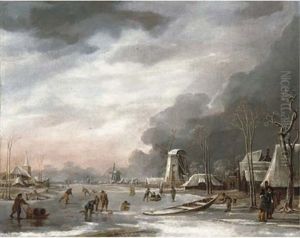 A Winter Landscape With Villagers Sledging On A Frozen Lake, A Church Beyond
