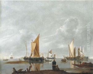 A Coastal Landscape With Shipping And Two Fishermen In The Foreground thumbnail