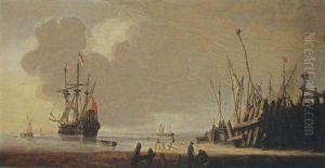 A Man-of-war In Calm Waters With Other Vessels, Other Sailing Boats Moored At A Quay In The Foreground by Hendrik Jacobsz Dubbels