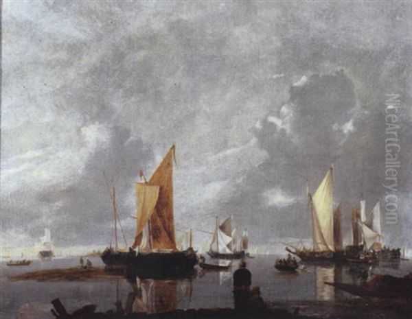 Moored Ships In A Calm, Fisherfolk On A Jetty Nearby - view 1