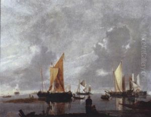 Moored Ships In A Calm, Fisherfolk On A Jetty Nearby