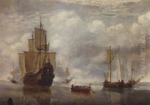 A States Yacht Firing A Salute At A Departing Barge, With Other Shipping In A Calm