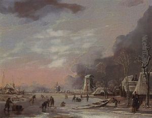 A Winter Landscape With Figures Skating, Playing Kolf And Pushings Sleighs On The Ice At Sunset