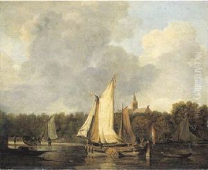 A Wooded River Landscape With A Sailing Barge, A Church Beyond