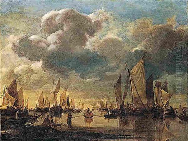 Dutch Shipping Offshore In A Calm, With A Dignitary Being Conveyed In A Rowing Boat To A States Yacht - view 1
