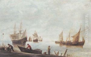 Shipping In A Calm, With Fishermen Fishing And Unloading Their Catch In The Foreground by Hendrik Jacobsz Dubbels