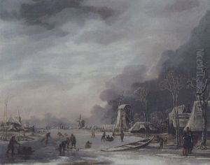 Gefrorener Kanal Mit Schlittschuhlaufern Und Fussgangern