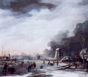 Gefrorener Kanal Mit Schlittschuhlaufern Und Fussgangern