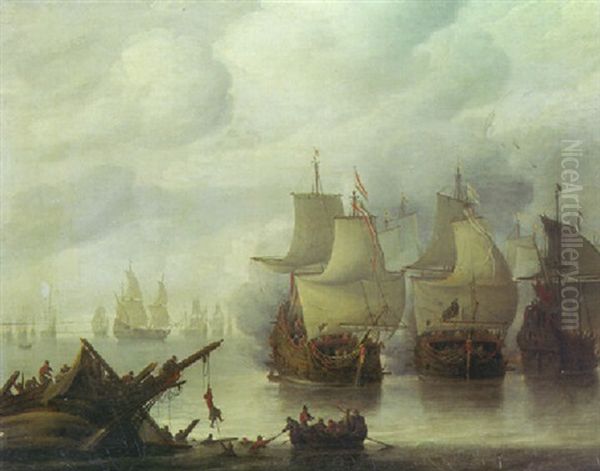 A Naval Battle Between English And Dutch Fleets In A Calm, Sailors Abandoning A Wreck In The Foreground - view 1