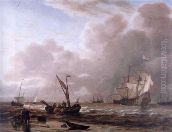 An Evening Landscape With Dutch Men O'war And Other Vessels In Choppy Waters, Seamen Unloading A Dutch Pink - view 1