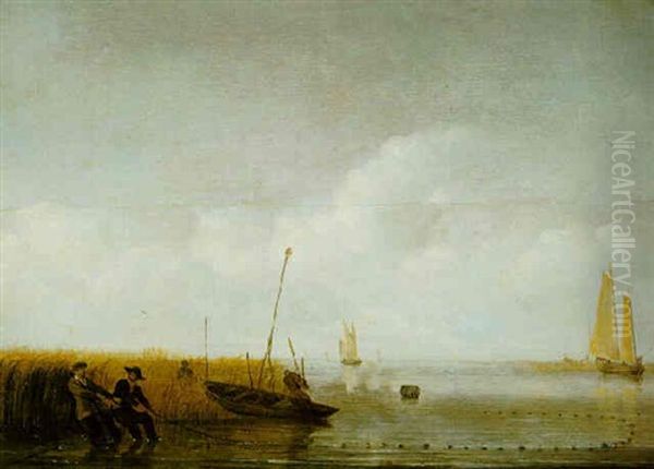 An Estuary Scene With Fishermen Trawling Their Nets, Others Boating Beyond - view 1
