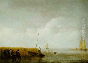 An Estuary Scene With Fishermen Trawling Their Nets, Others Boating Beyond by Hendrik Jacobsz Dubbels